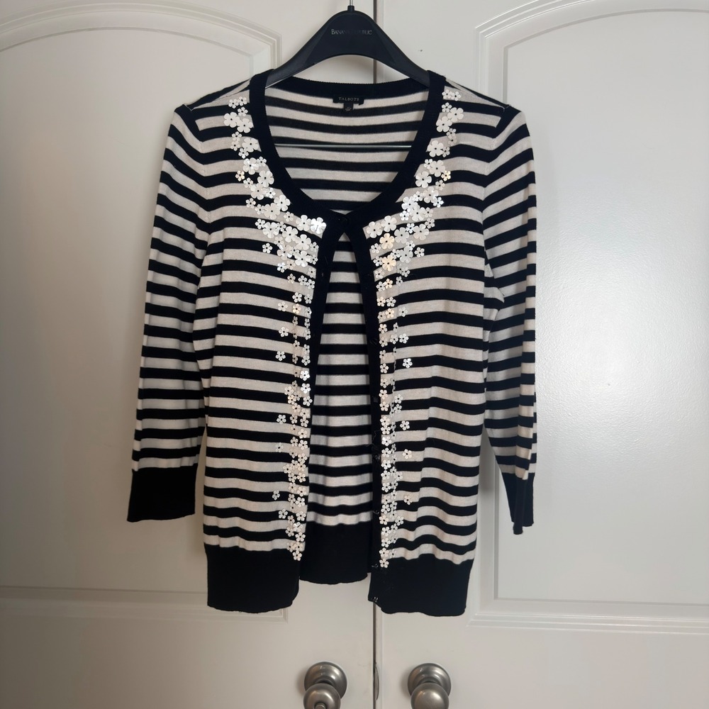 Talbots Womens Black White Striped Sequin Flower Cardigan Sweater Size M